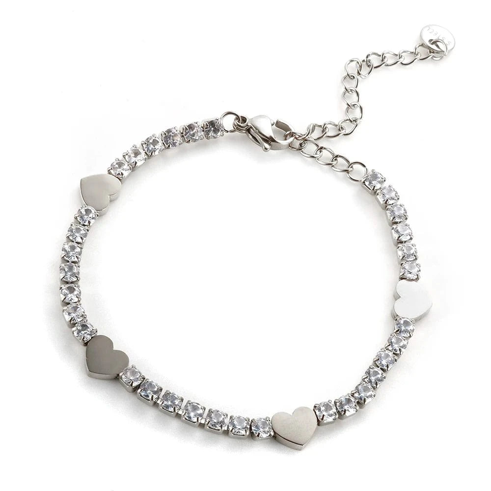 Stainless Steel Jewelry for Women Stainless Steel Crystal Heart Pendant Cubic Zirconia 18K Gold Plated Tennis Chain Bracelet