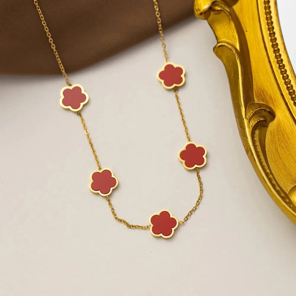 Stainless Steel / SKU-03-red necklace Stainless Steel Flower Necklace with 18K Gold Plated Luxury Design Women's Green Red White Black Pendant Necklace Clover Jewelry