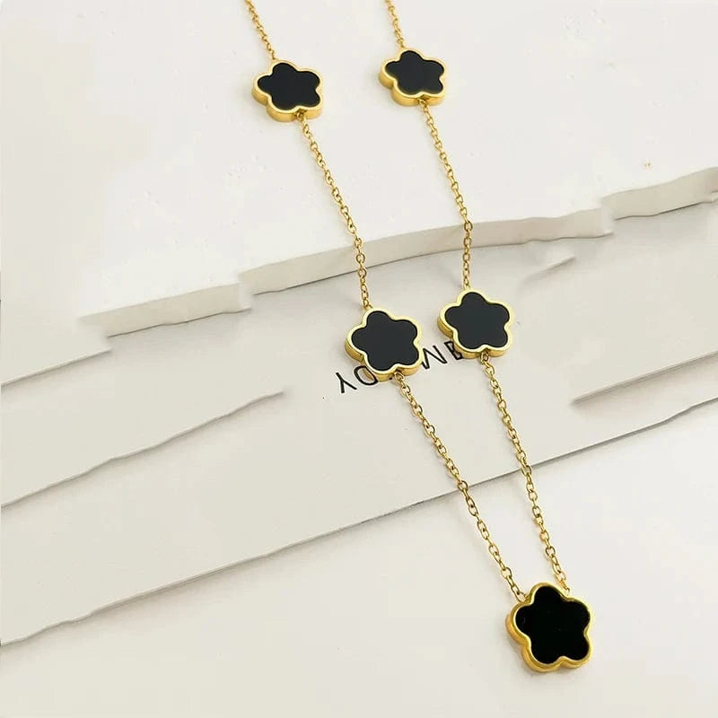 Stainless Steel / SKU-04-black necklace Stainless Steel Flower Necklace with 18K Gold Plated Luxury Design Women's Green Red White Black Pendant Necklace Clover Jewelry