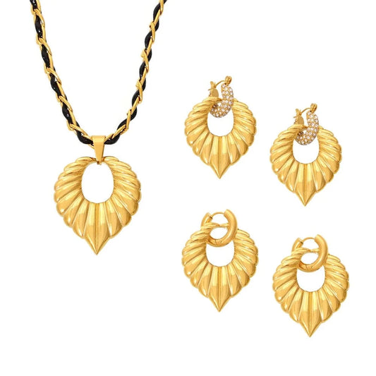 Stainless Steel Waterproof Jewelry Set Leather Rope Chain Roman Pattern Geometric Pendant Necklace Zircon Earrings YF6022