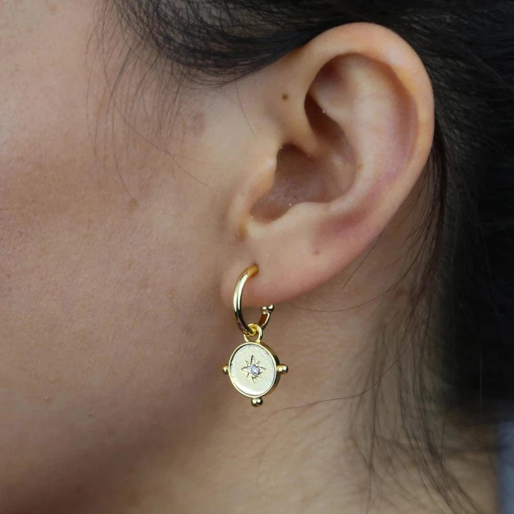 star coin charm dangle women jewelry gold plated bling cz hoop earring