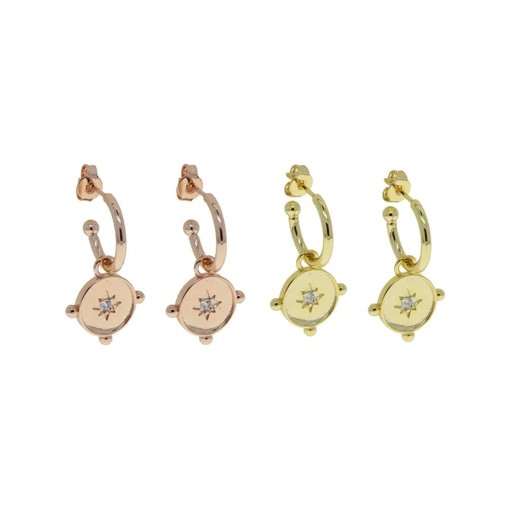 star coin charm dangle women jewelry gold plated bling cz hoop earring
