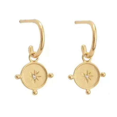 star coin charm dangle women jewelry gold plated bling cz hoop earring