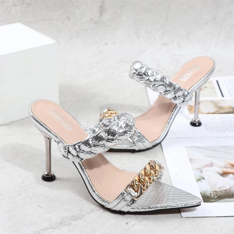 Stiletto women sandals summer autumn 2022 metal chain thin high heels female shoes sexy pointy one word fashion sandals women