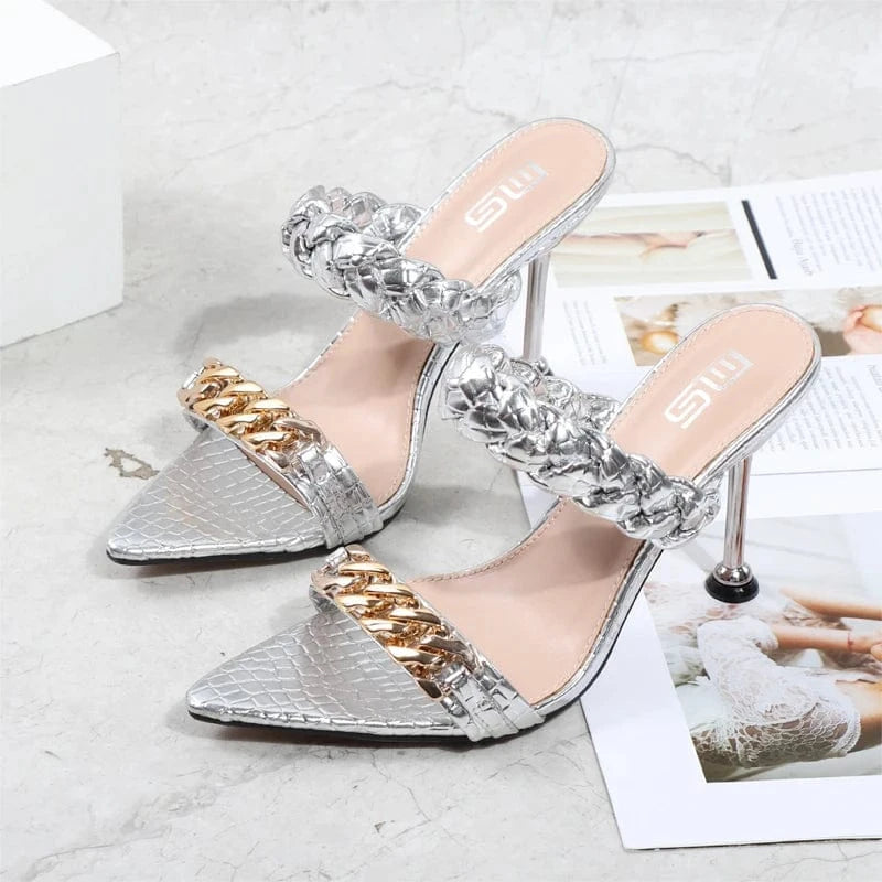 Stiletto women sandals summer autumn 2022 metal chain thin high heels female shoes sexy pointy one word fashion sandals women