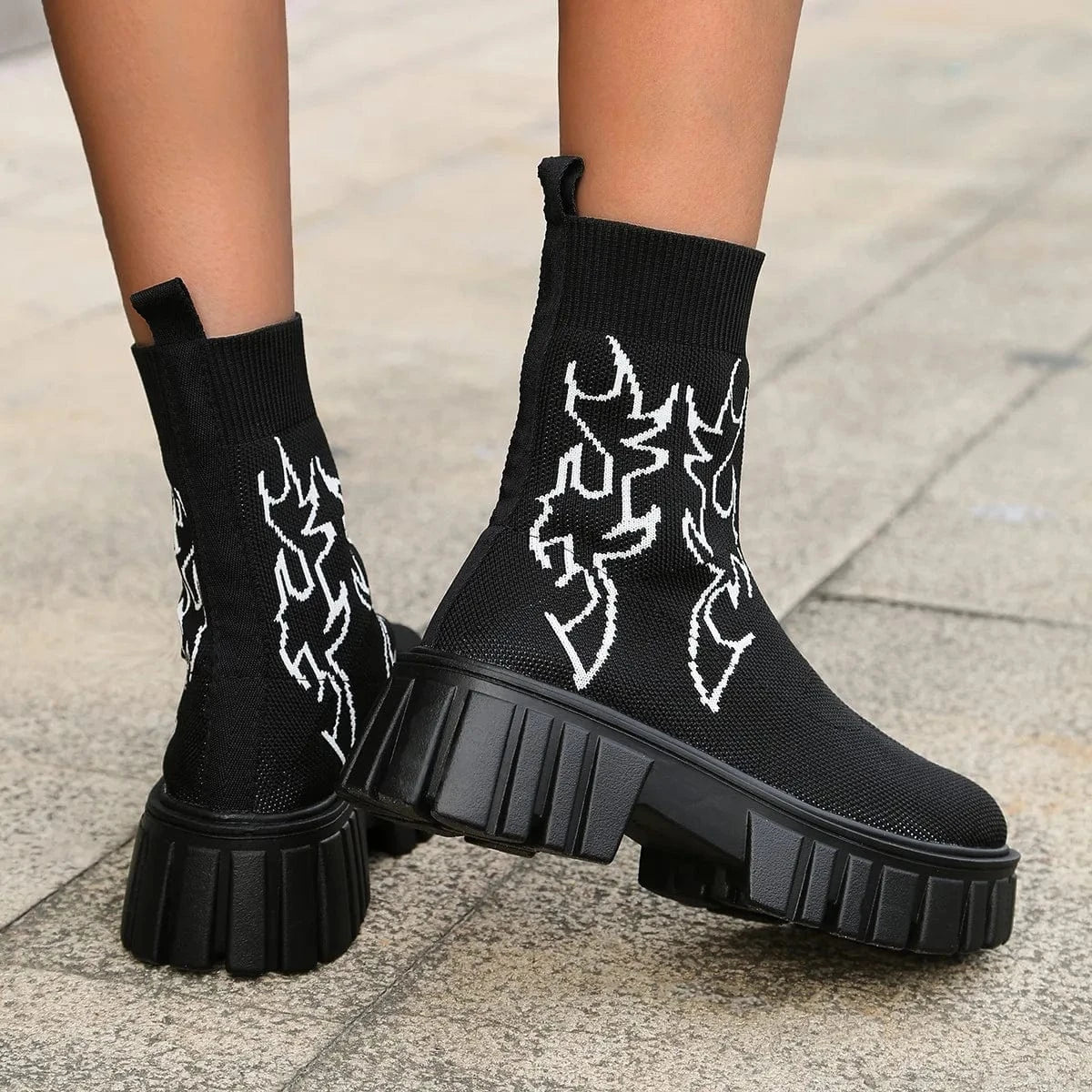 Stock Chunky Heel Botte Pour Femme Sock Trendy Elastic Knitted Short Winter Slip on Women&#39;s Ankle Boots Black Women Shoes PU