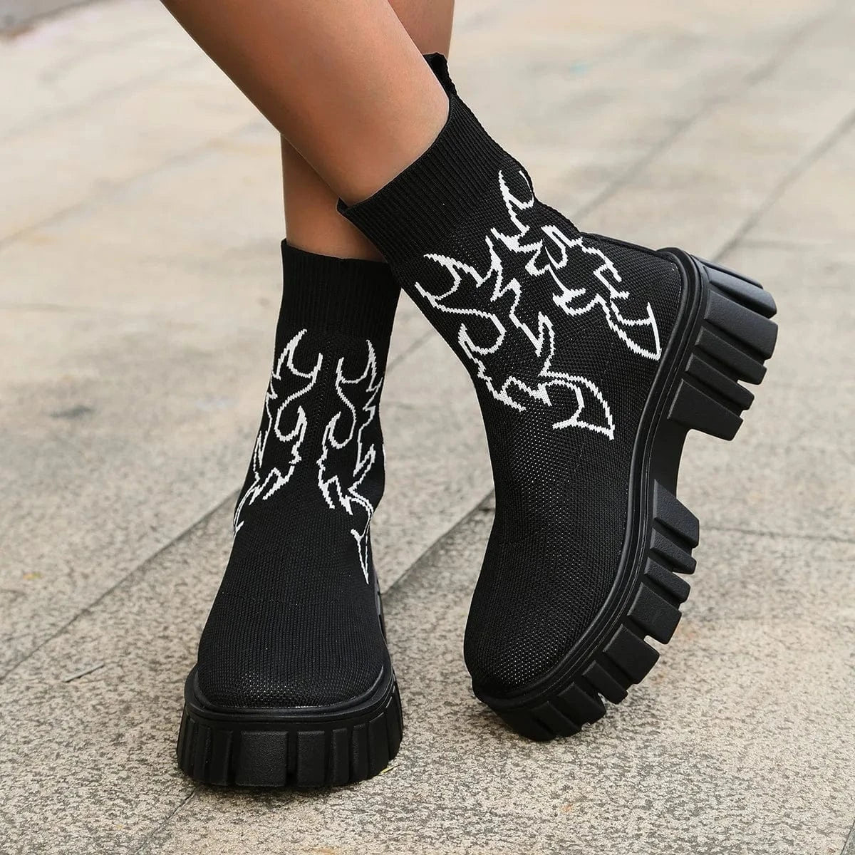 Stock Chunky Heel Botte Pour Femme Sock Trendy Elastic Knitted Short Winter Slip on Women&#39;s Ankle Boots Black Women Shoes PU