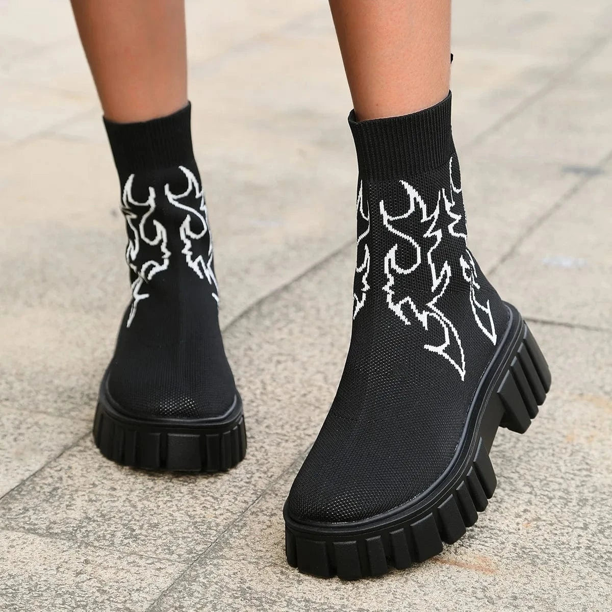 Stock Chunky Heel Botte Pour Femme Sock Trendy Elastic Knitted Short Winter Slip on Women&#39;s Ankle Boots Black Women Shoes PU