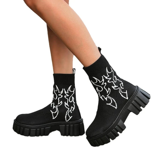 Stock Chunky Heel Botte Pour Femme Sock Trendy Elastic Knitted Short Winter Slip on Women&#39;s Ankle Boots Black Women Shoes PU