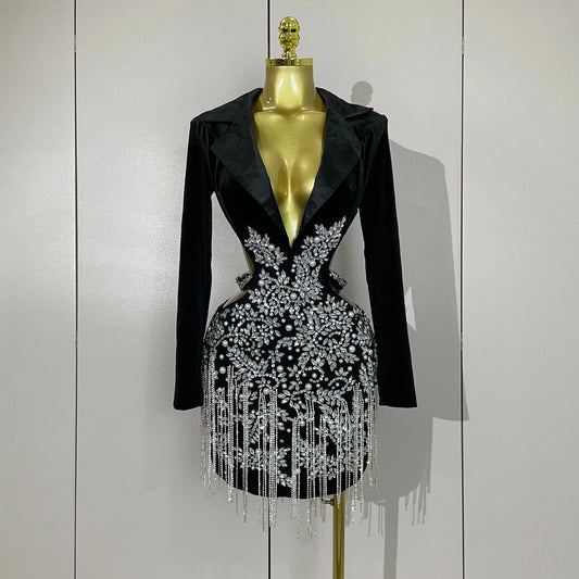 Stock Luxury Diamonds Tassel Sexy Hollow Out Black Mini Dress Woman Evening Celebrate Birthday Party Stage PhotoShoot Costume