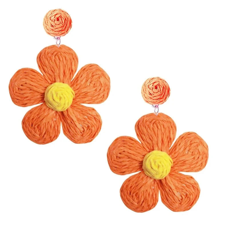 stone earrings / 13mm / Orange Charm Rattan Earrings For Women Statement Boho Raffia Straw Flower Drop Dangle Earrings