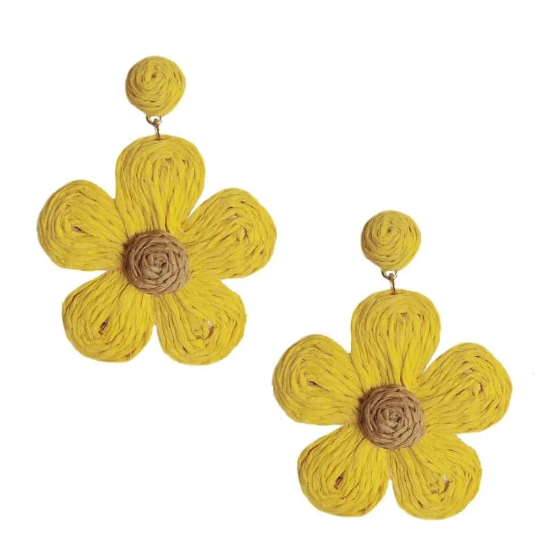 stone earrings / 13mm / Yellow Charm Rattan Earrings For Women Statement Boho Raffia Straw Flower Drop Dangle Earrings
