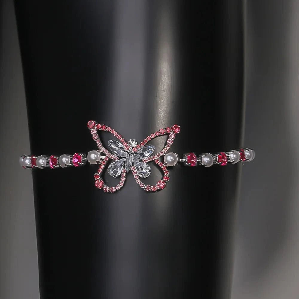 StoneFans Fashion Butterfly Pink And White Rhinestone Thigh Chain Jewelry For Women Sexy Adjustable Party Body Chain Accessories