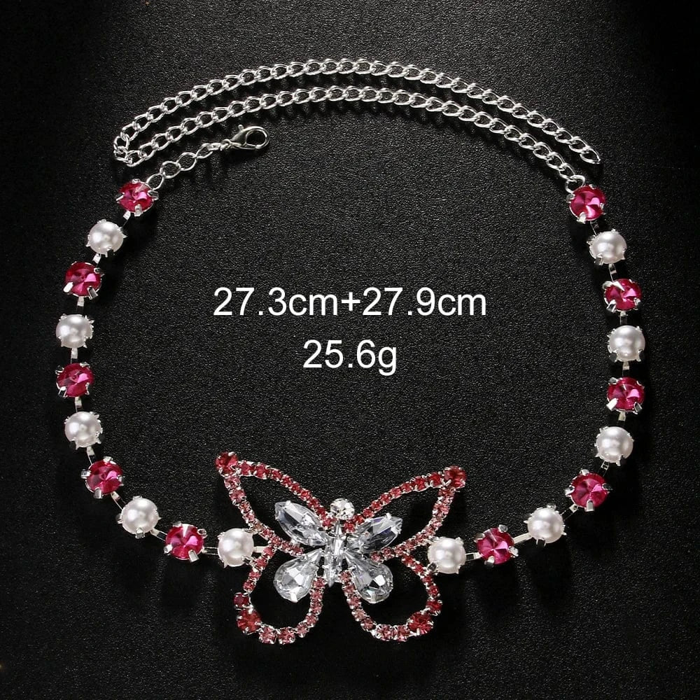 StoneFans Fashion Butterfly Pink And White Rhinestone Thigh Chain Jewelry For Women Sexy Adjustable Party Body Chain Accessories