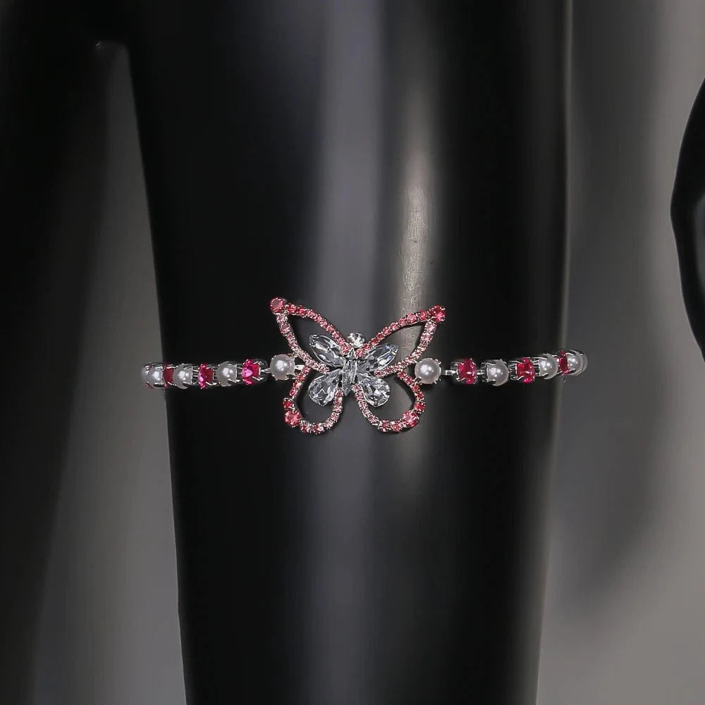StoneFans Fashion Butterfly Pink And White Rhinestone Thigh Chain Jewelry For Women Sexy Adjustable Party Body Chain Accessories