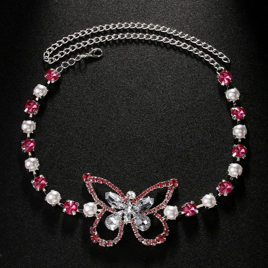 StoneFans Fashion Butterfly Pink And White Rhinestone Thigh Chain Jewelry For Women Sexy Adjustable Party Body Chain Accessories
