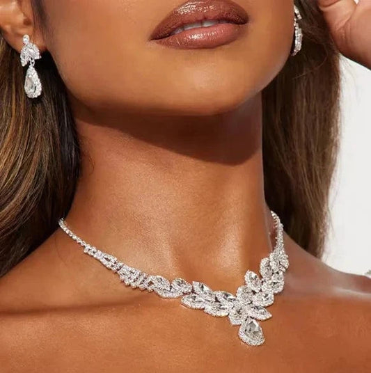 StoneFans Fashion Drop Rhinestone Necklace Earrings Set for Women Wedding Flower Jewelry Set High Quality Wholesale