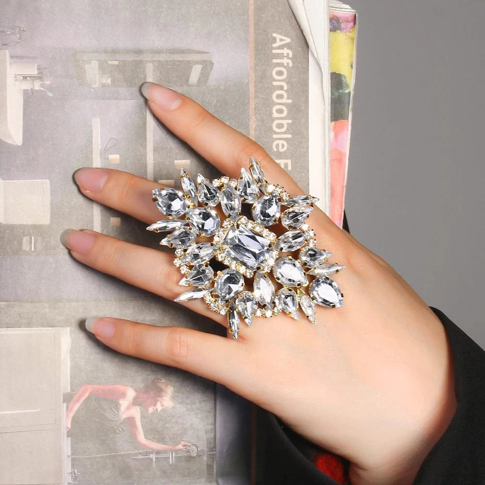 StoneFans Fashion Flower Geometric Rhinestone Ring Jewelry For Women Girls Gifts Large Crystal Ring Wholesale