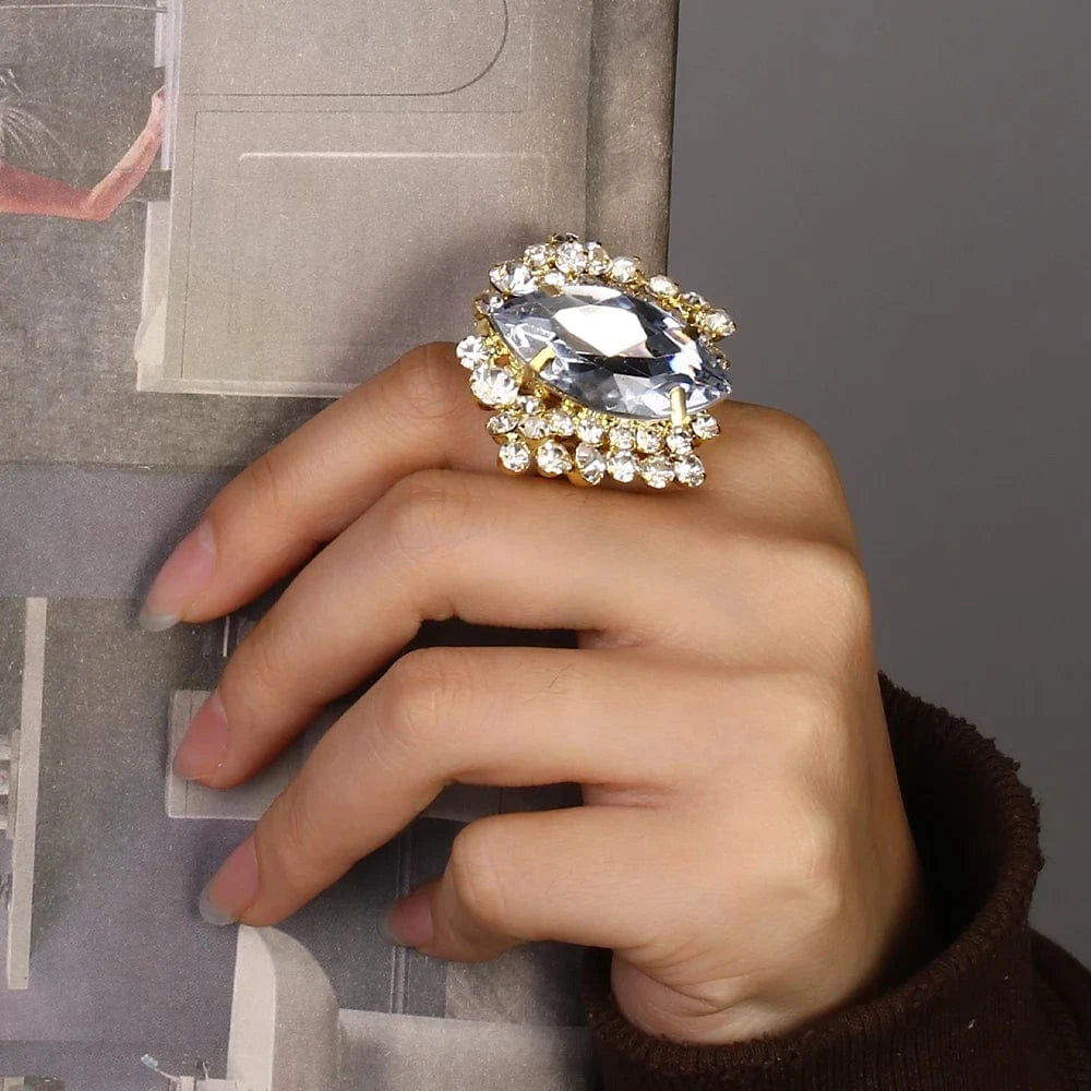 StoneFans Fashion Luxury Geometric Rhinestone Ring Jewelry For Women Girls Big Adjustable Crystal Ring Wholesale