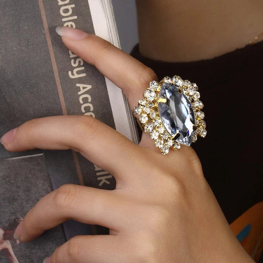 StoneFans Fashion Luxury Geometric Rhinestone Ring Jewelry For Women Girls Big Adjustable Crystal Ring Wholesale