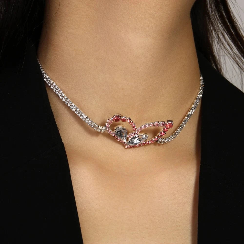 StoneFans Fashion Pink Heart Rhinestone Necklace Jewelry For Women Girls Gifts Water Drop Necklace Choker Chain