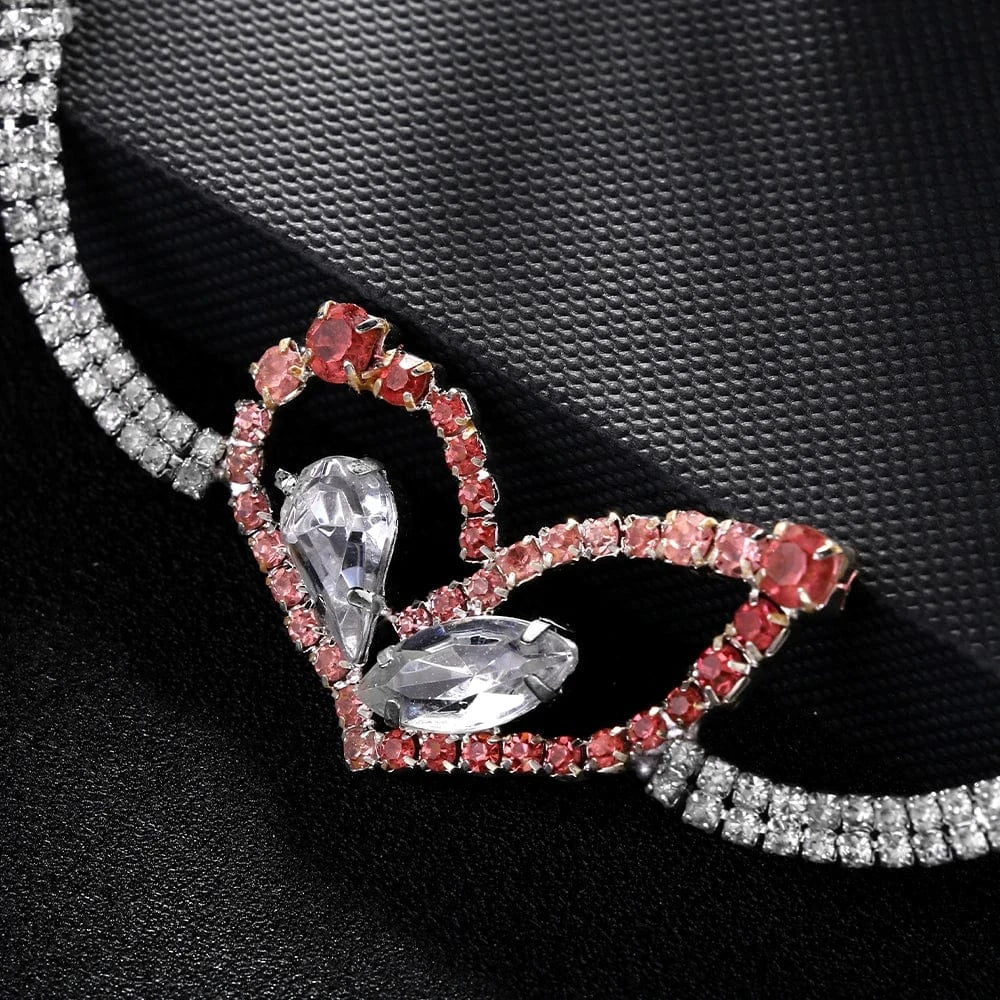 StoneFans Fashion Pink Heart Rhinestone Necklace Jewelry For Women Girls Gifts Water Drop Necklace Choker Chain