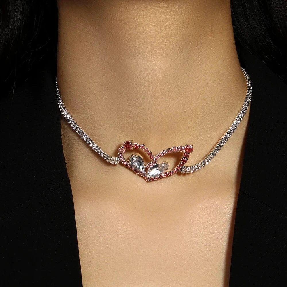 StoneFans Fashion Pink Heart Rhinestone Necklace Jewelry For Women Girls Gifts Water Drop Necklace Choker Chain