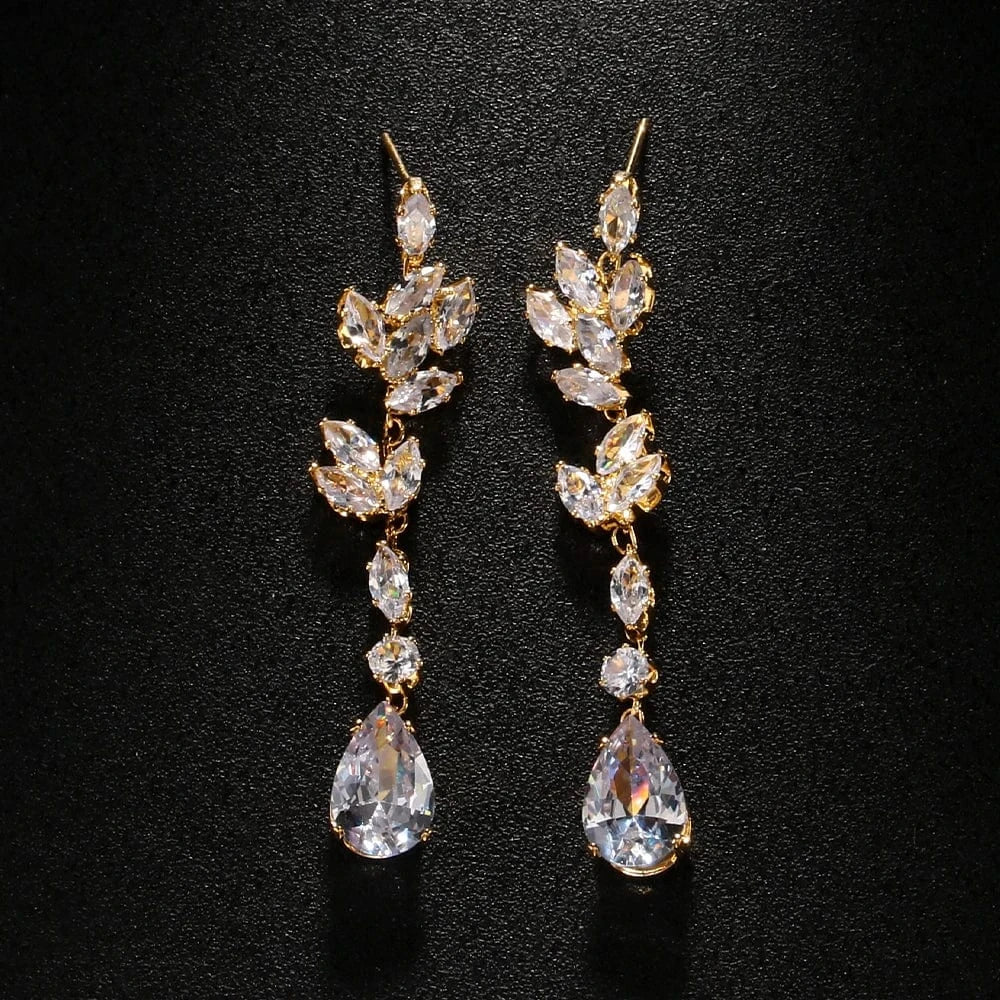 StoneFans Luxury Bling Crystal Leaf Earring Jewelry Wedding Bridal Cubic Zircon Drop Stud Earrings Women Girls Jewelry Wholesale