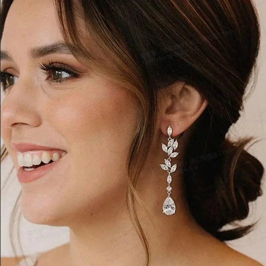 StoneFans Luxury Bling Crystal Leaf Earring Jewelry Wedding Bridal Cubic Zircon Drop Stud Earrings Women Girls Jewelry Wholesale