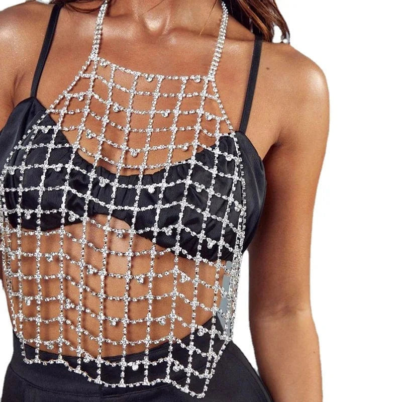 Stonefans Mesh Bra Chain Top Jewelry Bikini Sexy Beachwear Harness Gift Summer Trendy Underwear Rhinestone Bra Chain for Women