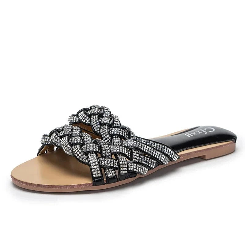 Straight Bling Rhinestone Weaved Women Sandals Flip-flops Leisure Time Flats Female Slippers