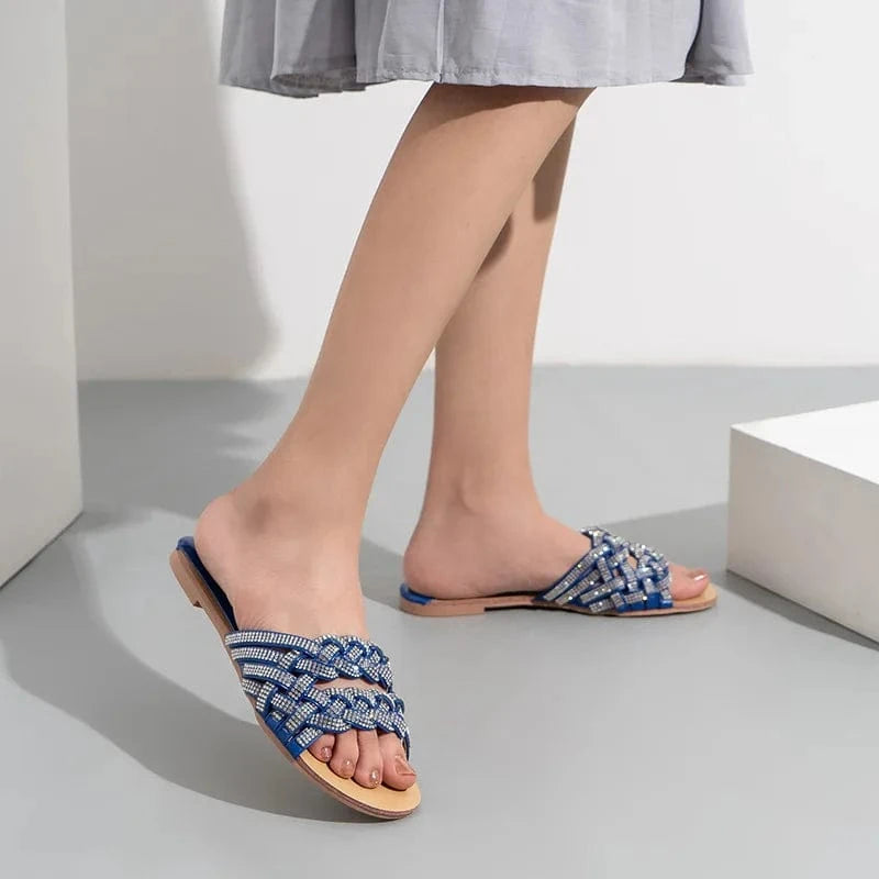 Straight Bling Rhinestone Weaved Women Sandals Flip-flops Leisure Time Flats Female Slippers