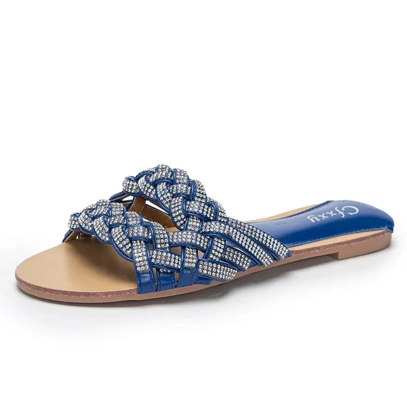 Straight Bling Rhinestone Weaved Women Sandals Flip-flops Leisure Time Flats Female Slippers