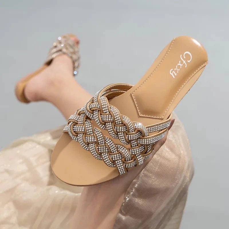 Straight Bling Rhinestone Weaved Women Sandals Flip-flops Leisure Time Flats Female Slippers