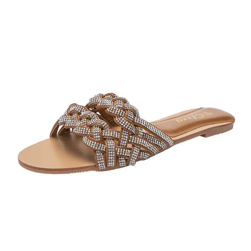 Straight Bling Rhinestone Weaved Women Sandals Flip-flops Leisure Time Flats Female Slippers