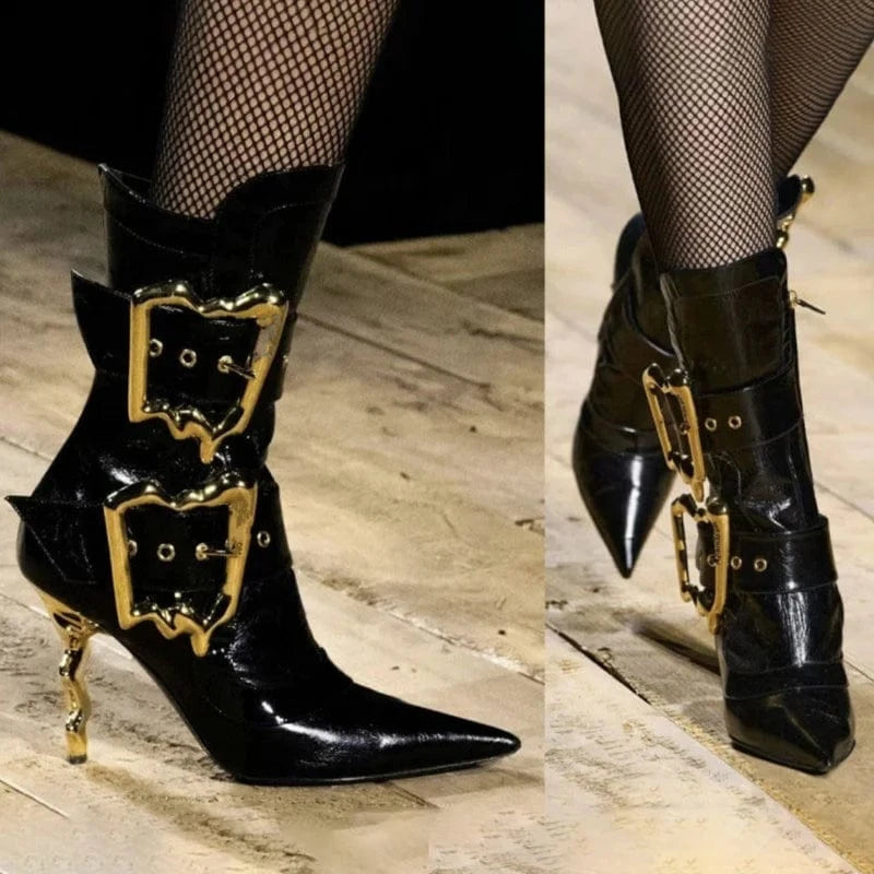 Strange Custom Heels Gold Metal Buckles Women Knee High Boots Side Zipper Stage High Heels Shoes Dress Black Short Booties