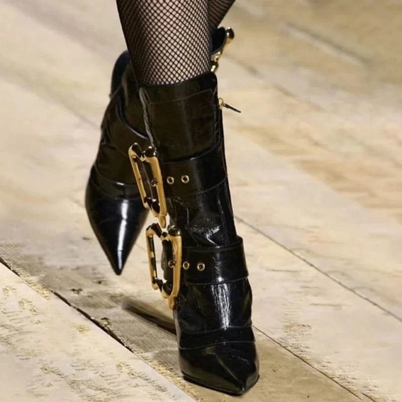 Strange Custom Heels Gold Metal Buckles Women Knee High Boots Side Zipper Stage High Heels Shoes Dress Black Short Booties