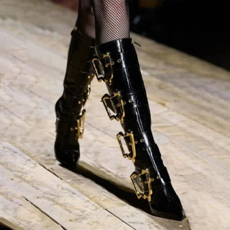 Strange Custom Heels Gold Metal Buckles Women Knee High Boots Side Zipper Stage High Heels Shoes Dress Black Short Booties