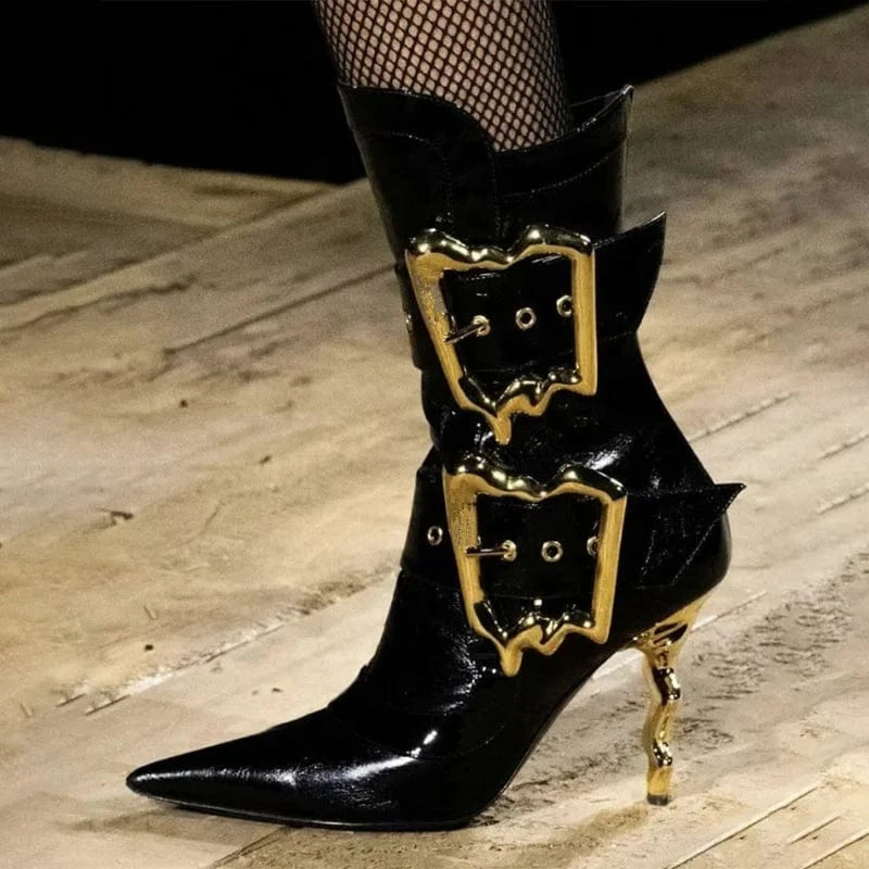 Strange Custom Heels Gold Metal Buckles Women Knee High Boots Side Zipper Stage High Heels Shoes Dress Black Short Booties