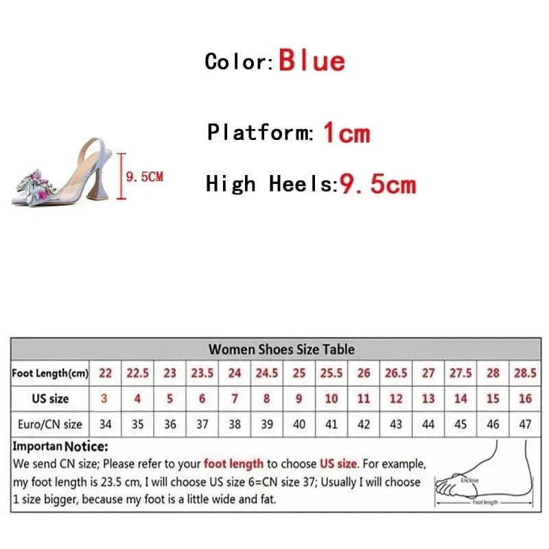 Strange Style Blue High Heels Mules Sandals Summer Fashion Crystal Denim Bowknot Pointed Toe Party Dress Shoes Women Pumps