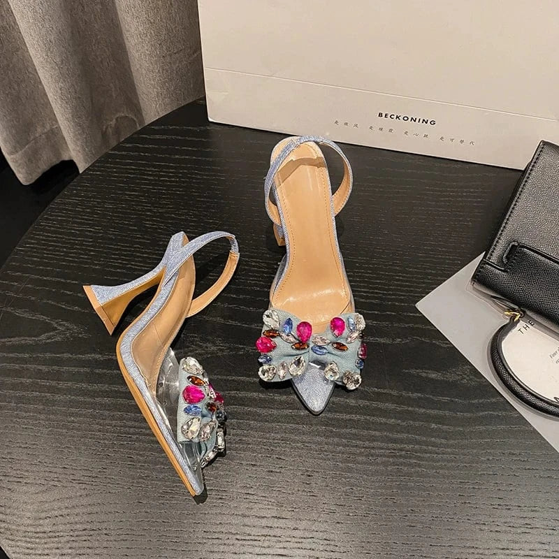 Strange Style Blue High Heels Mules Sandals Summer Fashion Crystal Denim Bowknot Pointed Toe Party Dress Shoes Women Pumps