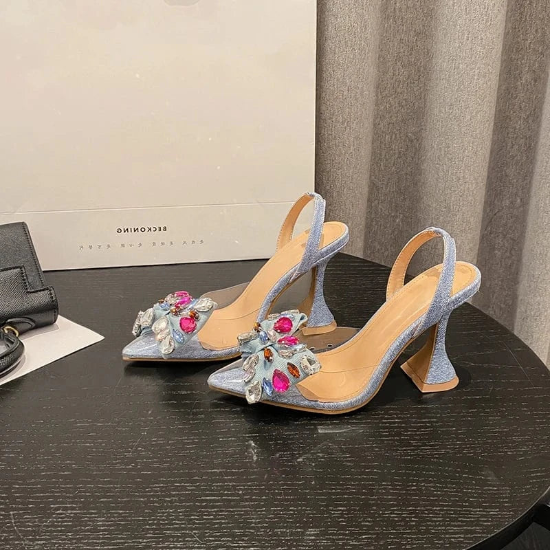 Strange Style Blue High Heels Mules Sandals Summer Fashion Crystal Denim Bowknot Pointed Toe Party Dress Shoes Women Pumps