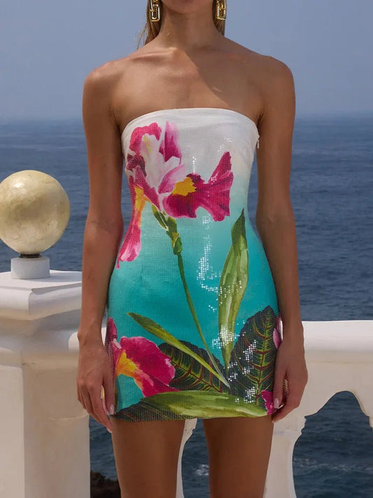 Strapless Patchwork Sequined Chic Mini Dress, Women Summer Beach Style Sleeveless Party Dress, Sexy Backless Lady Dress Vestidos - SN Wigs & More