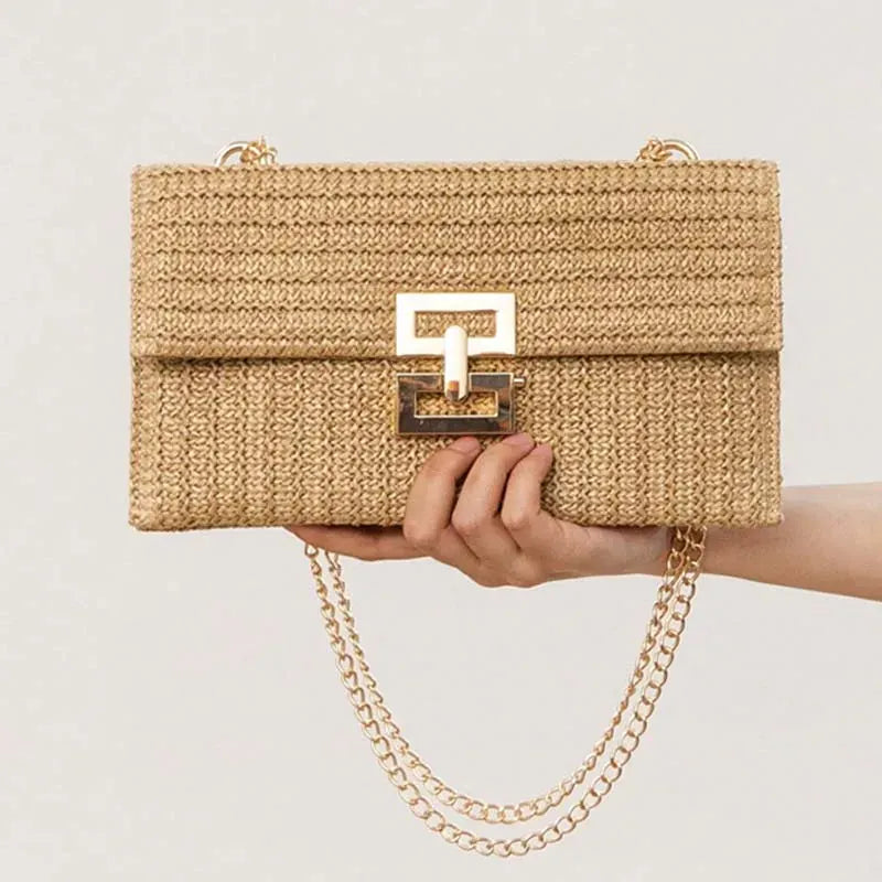 Straw Envelope Evening Party Handbag Fashion Women Weave Pattern Gold Clutch Messenger Purses Lady Daily Commuting Wallet Bags