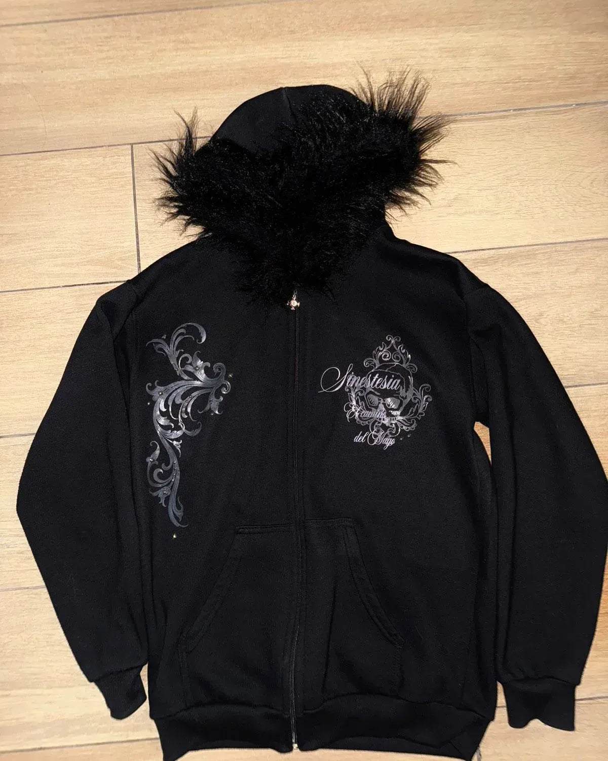 Street Style Gothic Skull Pattern Faux Fur Hoodie Womens Black Zip Up Hoodie Autumn Winter Fashion Slim Fit Coats Y2K Style