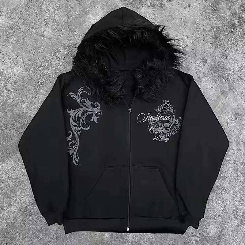 Street Style Gothic Skull Pattern Faux Fur Hoodie Womens Black Zip Up Hoodie Autumn Winter Fashion Slim Fit Coats Y2K Style