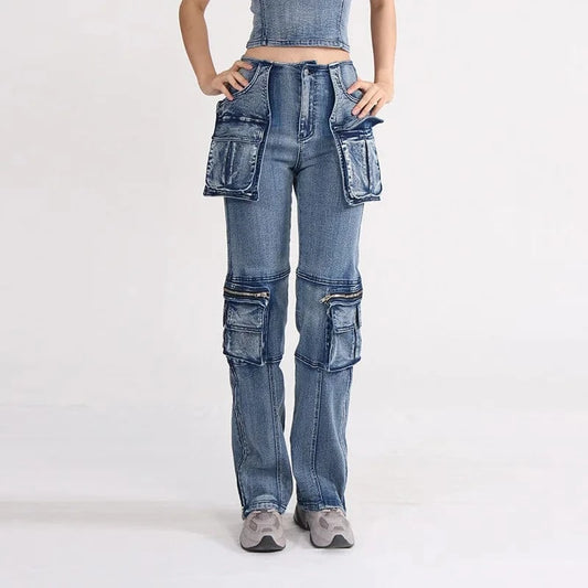 Streetwear Casual Motorcycle Zipper Baggy Pocket Cargo Blue Denim new latest design ladies Women'S Jeans fit Straight Trousers