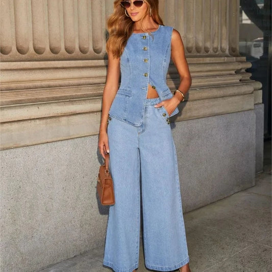 Streetwear Denim 2 Piece Sets Women Outfit Summer Clothes Women 2025 Sleeveless Vest Top Wide Leg Pants Sets Jeans Two Piece Set