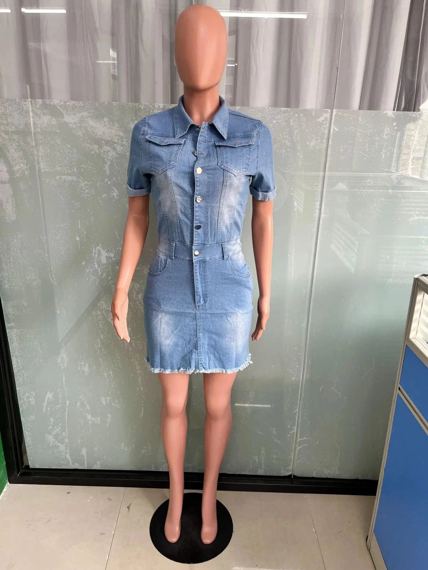 Streetwear Denim Skater Dress Sexy Women Turn Down Collar Elegant Blue Jeans Pencil Dress Vestidos