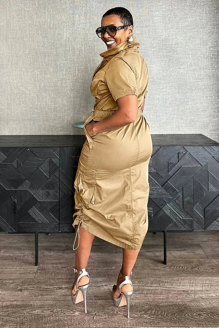 Streetwear Multi Pockets Cargo Dress Sexy Women Turn Down Collar Elegant Club Party Skater Dress Vestidos